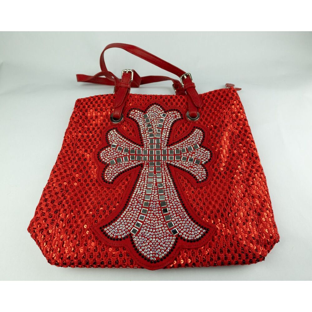 Red Sequin Jeweled Cross Shoulder Bag Purse Tote